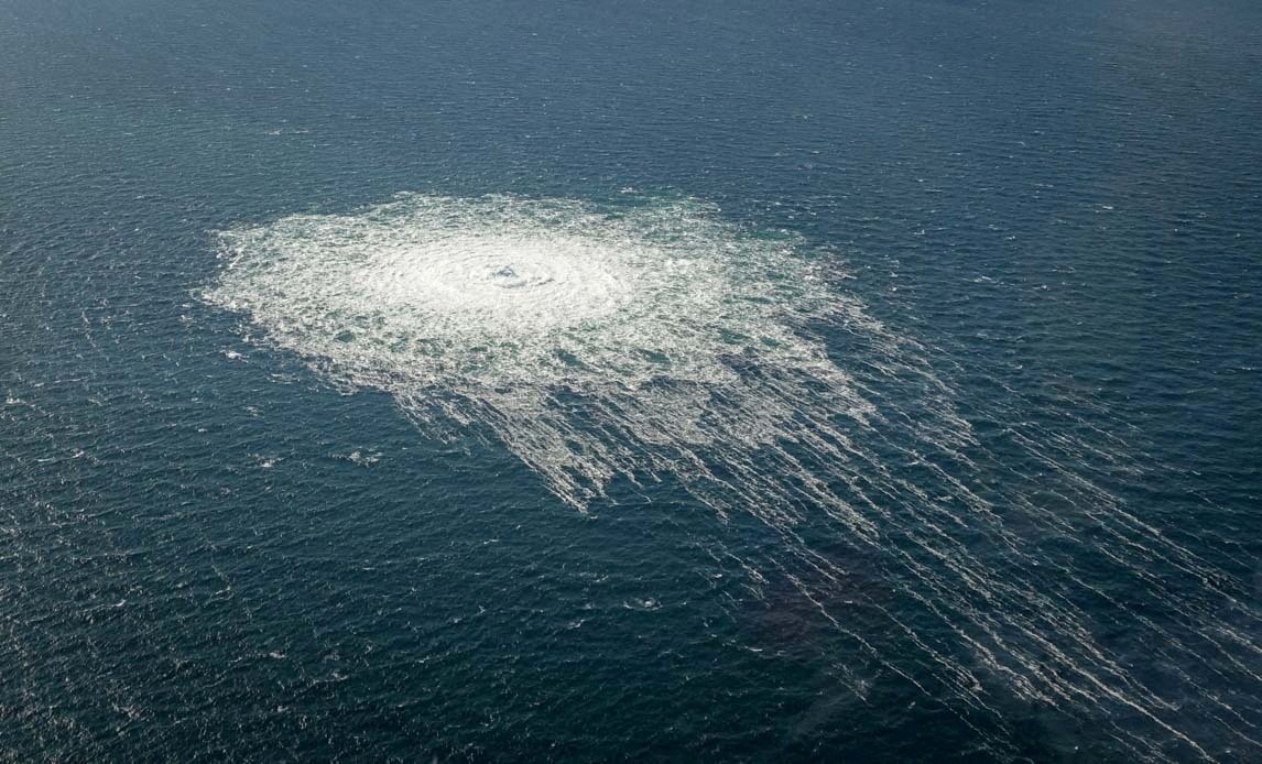 Gas bubbles from the Nord Stream 2 leak on the surface of the Baltic Sea in the area shows a disturbance of well over one kilometre in diameter near Bornholm, Denmark, Sept. 27, 2022.  (Danish Defence Command/Handout via Reuters)