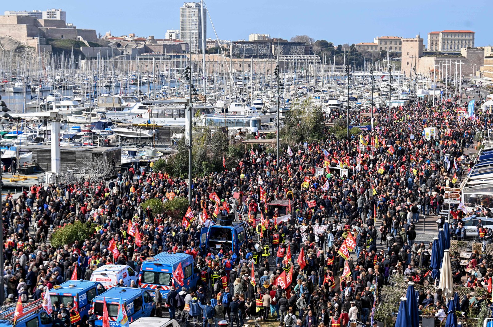 People take part in protests at the Vieux Port (Old Harbor) over the French government&#039;s proposed pensions overhaul, Marseille, France, March 7, 2023. (AFP Photo)