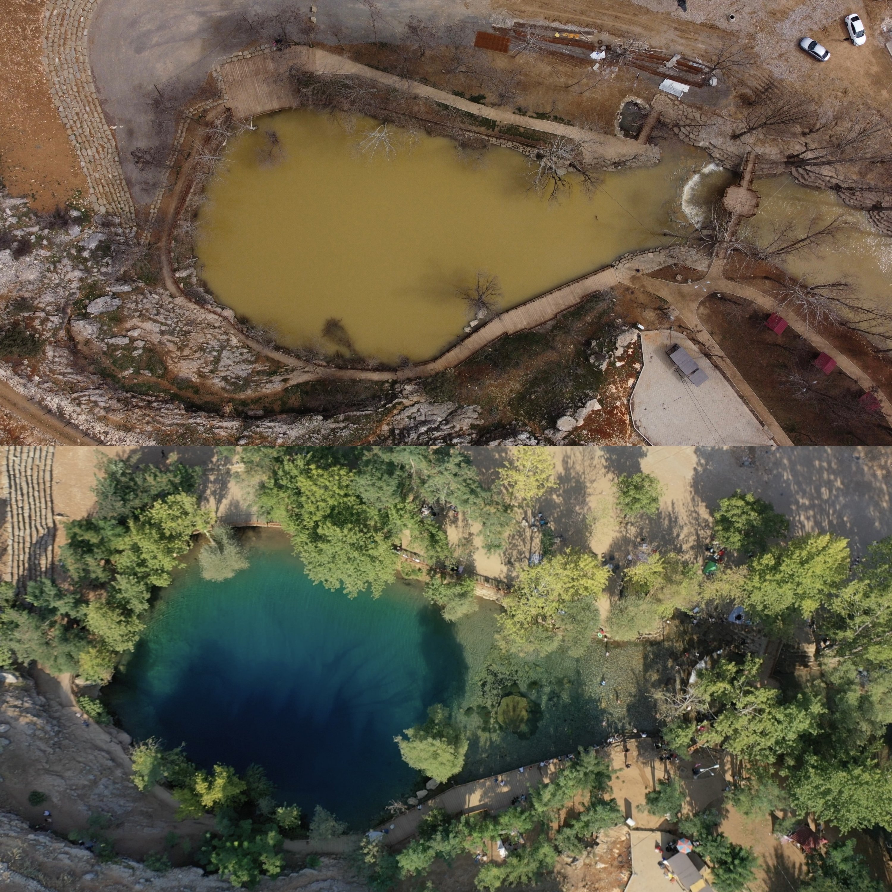 Foto Danau Yeşilgöz setelah dan sebelum gempa bumi.  (Foto AA, Foto Arsip AA)