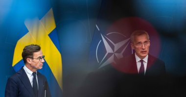 NATO Secretary General Jens Stoltenberg (R) and Swedish Prime Minister Ulf Kristersson address a joint press conference in Stockholm, Sweden, March 7, 2023. (AFP Photo)