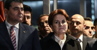 The Good Party (IP) Chair Meral Akşener listens as Kemal Kılıçdaroğlu, the leader of the main opposition’s Republican People's Party (CHP) and opposition candidate, delivers a briefing to reporters, Ankara, Türkiye, March 6, 2023. (AA Photo)