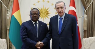 President Recep Tayyip Erdoğan (R) shakes hands with Guinea-Bissau’s President Sissoco Embalo (L) ahead of a meeting in the capital Ankara, Türkiye, March 8, 2023. (AA Photo)