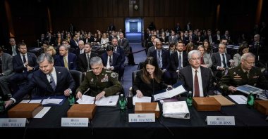 FBI Director Christopher Wray, Director of the National Security Agency Gen. Paul Nakasone, Director of National Intelligence Avril Haines, CIA Director William Burns and Defense Intelligence Agency Director Lt. Gen. Scott Berrier arrive for a Senate Intelligence Committee hearing concerning worldwide threats, on Capitol Hill in Washington, D.C. March 8, 2023. (AFP Photo)