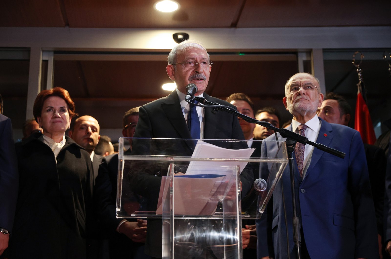 Republican People&#039;s Party (CHP) head Kemal Kılıçdaroğlu (C) announces his presidential candidacy to the public at the Felicity Party (SP) headquarters in Ankara with other members of the table for six, Ankara, Türkiye, March 6, 2023 (AA Photo)