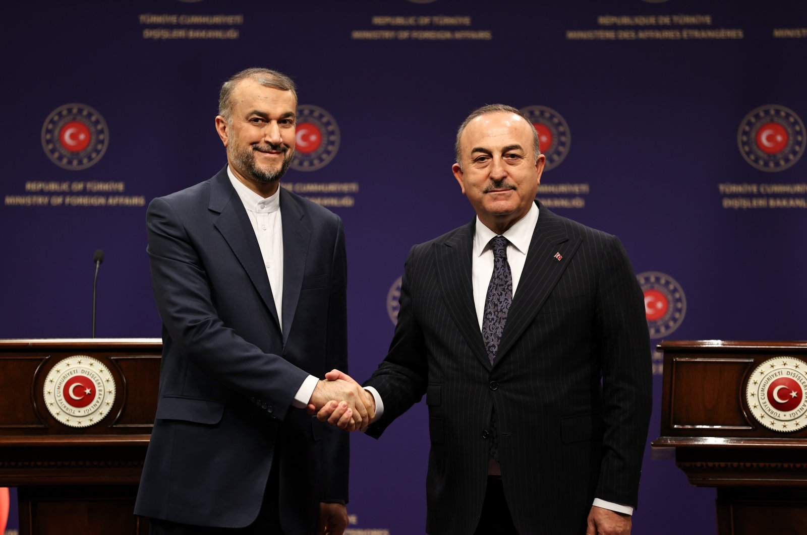 Turkish Foreign Minister Mevlüt Çavuşoğlu (R) shakes hands with his Iranian counterpart Hossein Amirabdollahian (L) at a joint news conference in the capital Ankara, Türkiye, March 8, 2023. (AA Photo)
