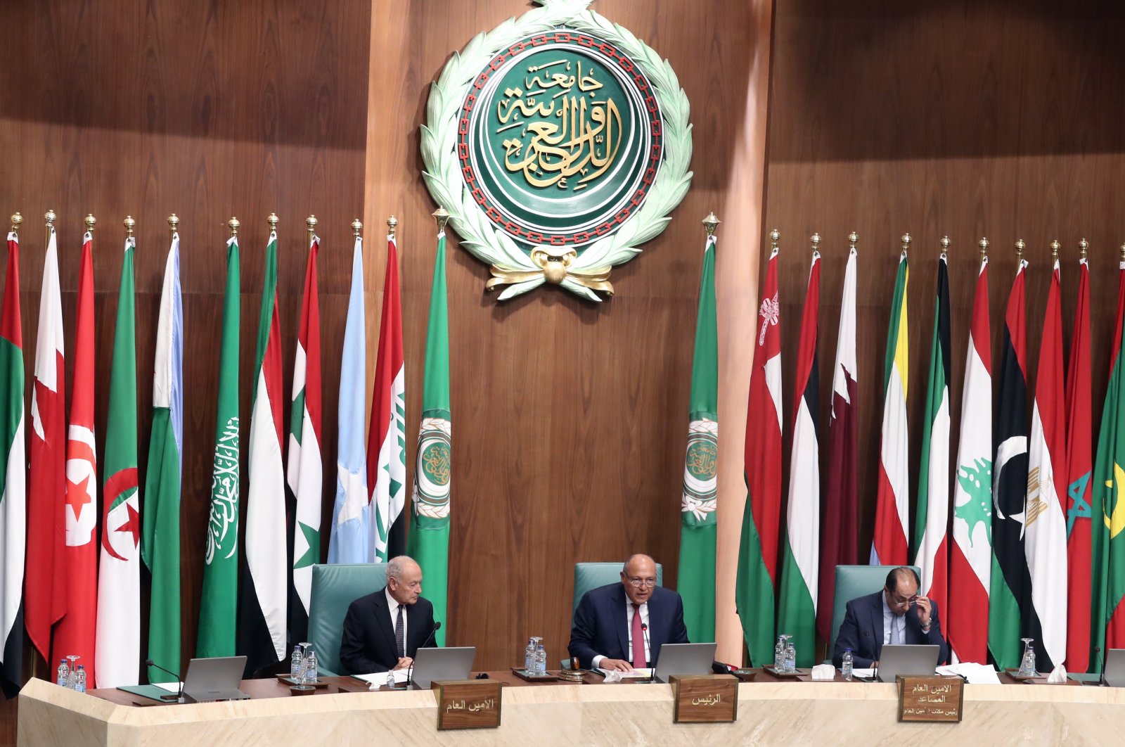 Egyptian Foreign Minister Sameh Shoukry (center), Secretary-General of the Arab League Ahmed Aboul Gheit (left), and Assistant Secretary-General responsible for the League&#039;s Council, Ambassador Hossam Zaki (R) attend the 159th ordinary session of the Arab League Council at the Arab League headquarters in Cairo, Egypt, March 8, 2023.  (EPA Photo)