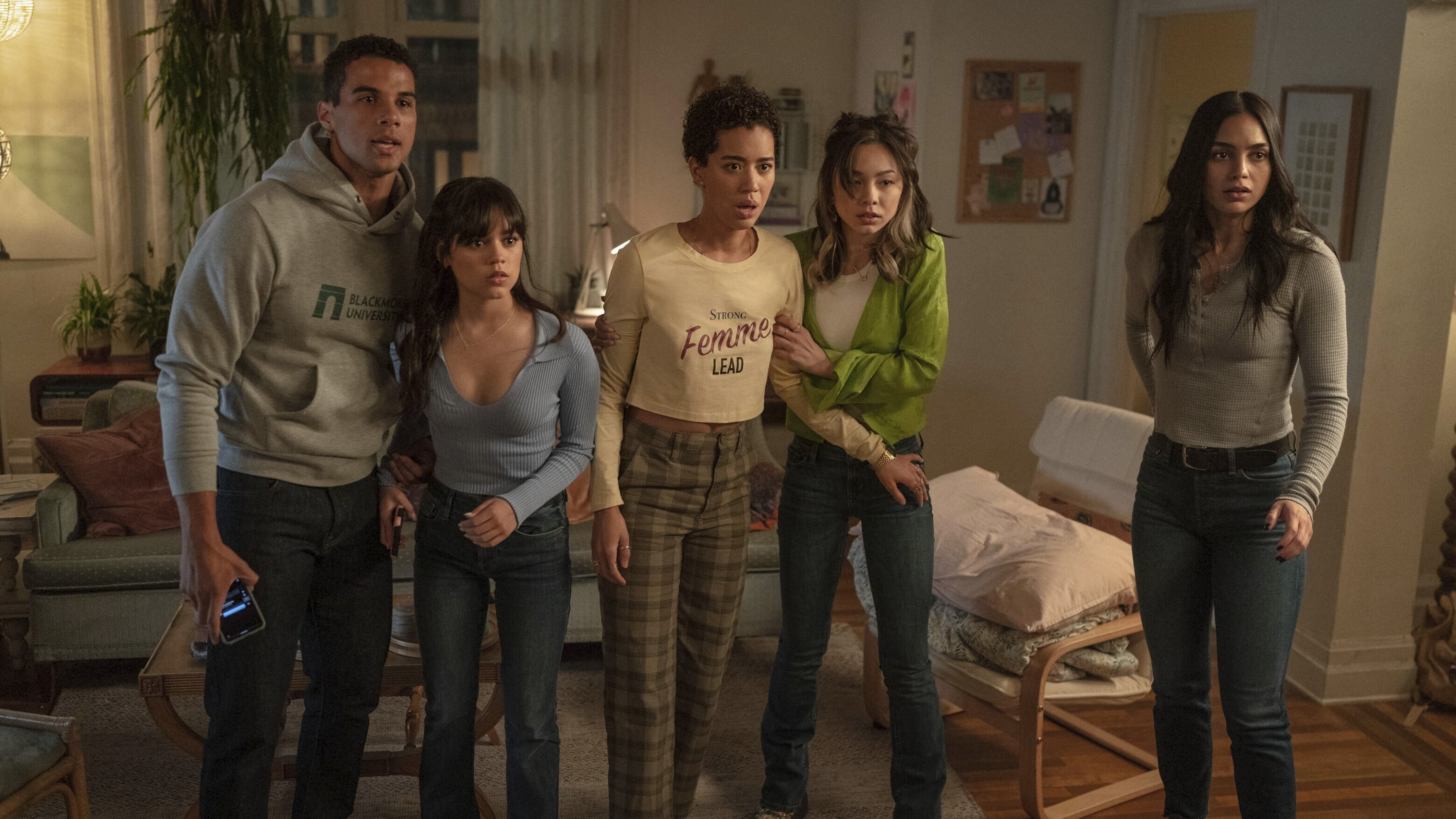 This image released by Paramount Pictures shows (L-R) Mason Gooding, Jenna Ortega, Jasmin Savoy Brown, Devyn Nekoda and Melissa Barrera in a scene from 