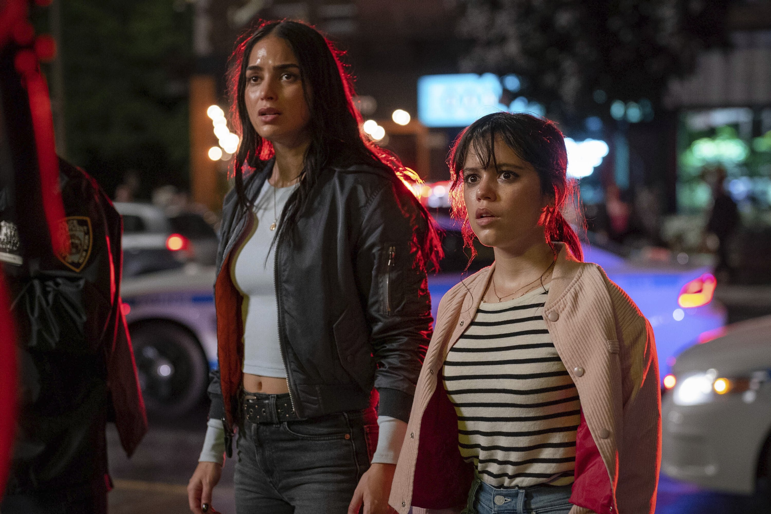 This image released by Paramount Pictures shows Melissa Barrera (L) and Jenna Ortega in a scene from "Scream VI." (AP Photo)