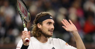 Greece's Stefanos Tsitsipas plays in the Eisenhower Cup Tie Break Tens during the BNP Paribas Open, Indian Wells, California, U.S., March 8, 2023. (AFP Photo)