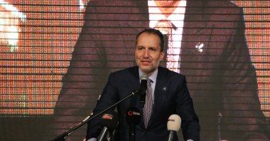 New Welfare Party Chairperson Fatih Erbakan speaks at his party&#039;s public meeting in Çerkezköy, March 4, 2023. (AA Photo)