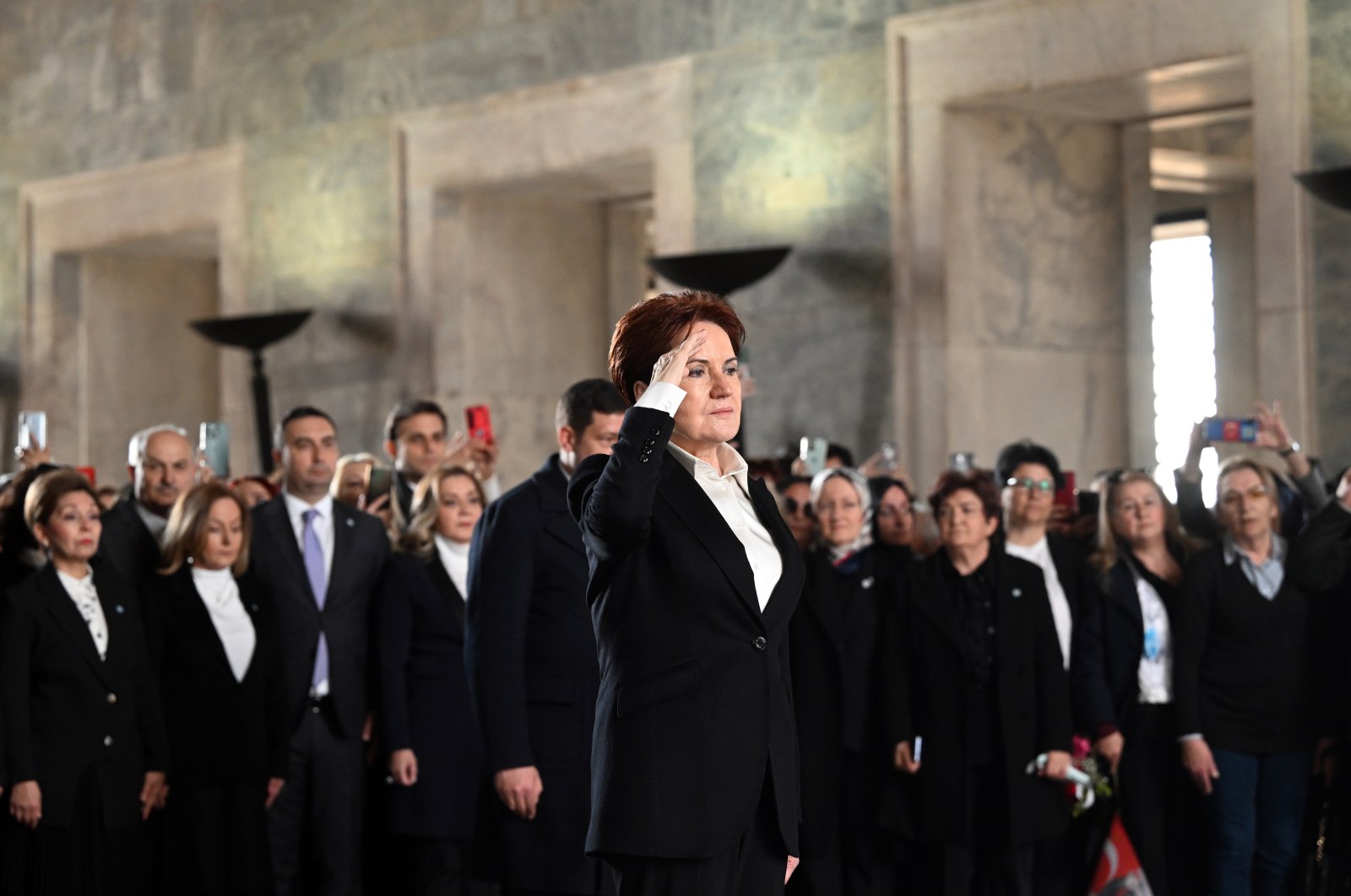 The Good Party Chairperson Meral Akşener paid her respects by laying a wreath at the mausoleum and observed a moment of silence with a soldier&#039;s salute during her Anıtkabir visit, Ankara, Türkiye, March 8, 2023. (AA Photo)