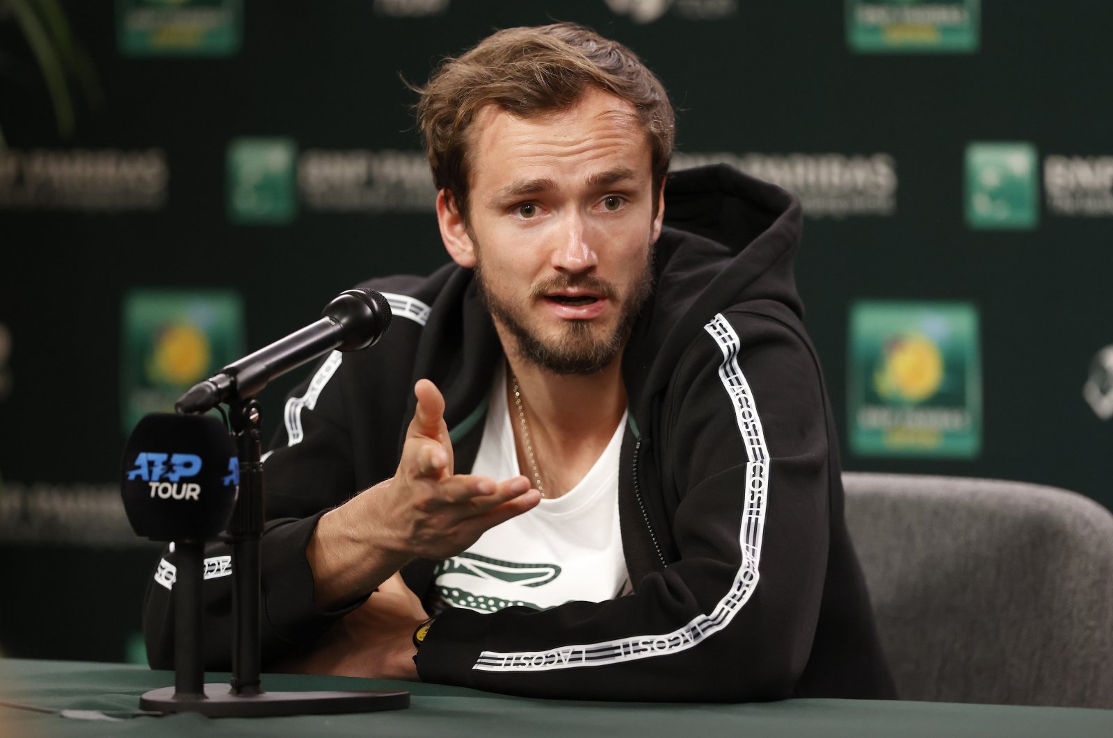 Russia&#039;s Daniil Medvedev responds to a question during a press conference during the BNP Paribas Open tennis tournament at the Indian Wells Tennis Garden, Indian Wells, California, U.S., March 8, 2023. (EPA Photo)