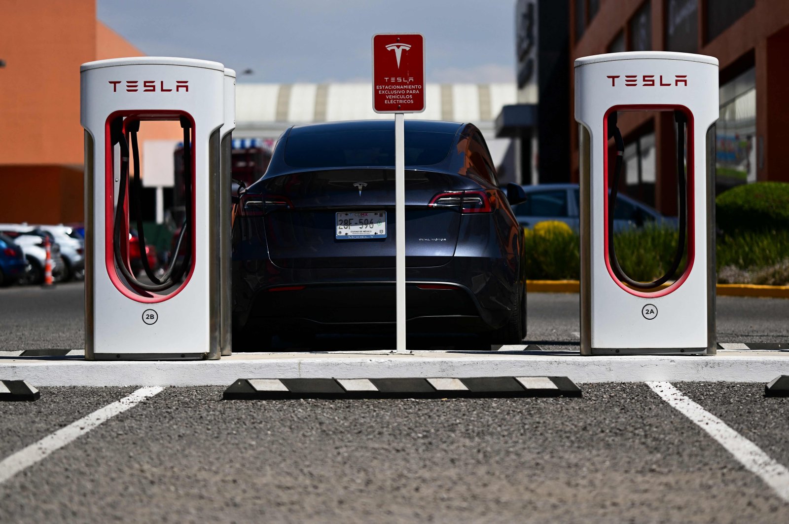 A Tesla charging station for electric cars is seen at the parking lot of a mall in Puebla, Mexico, Feb. 26, 2023. (AFP Photo)
