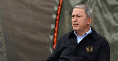 Defense Minister Hulusi Akar talks to reporters in Hatay, Türkiye, March 12, 2023. (AA Photo)