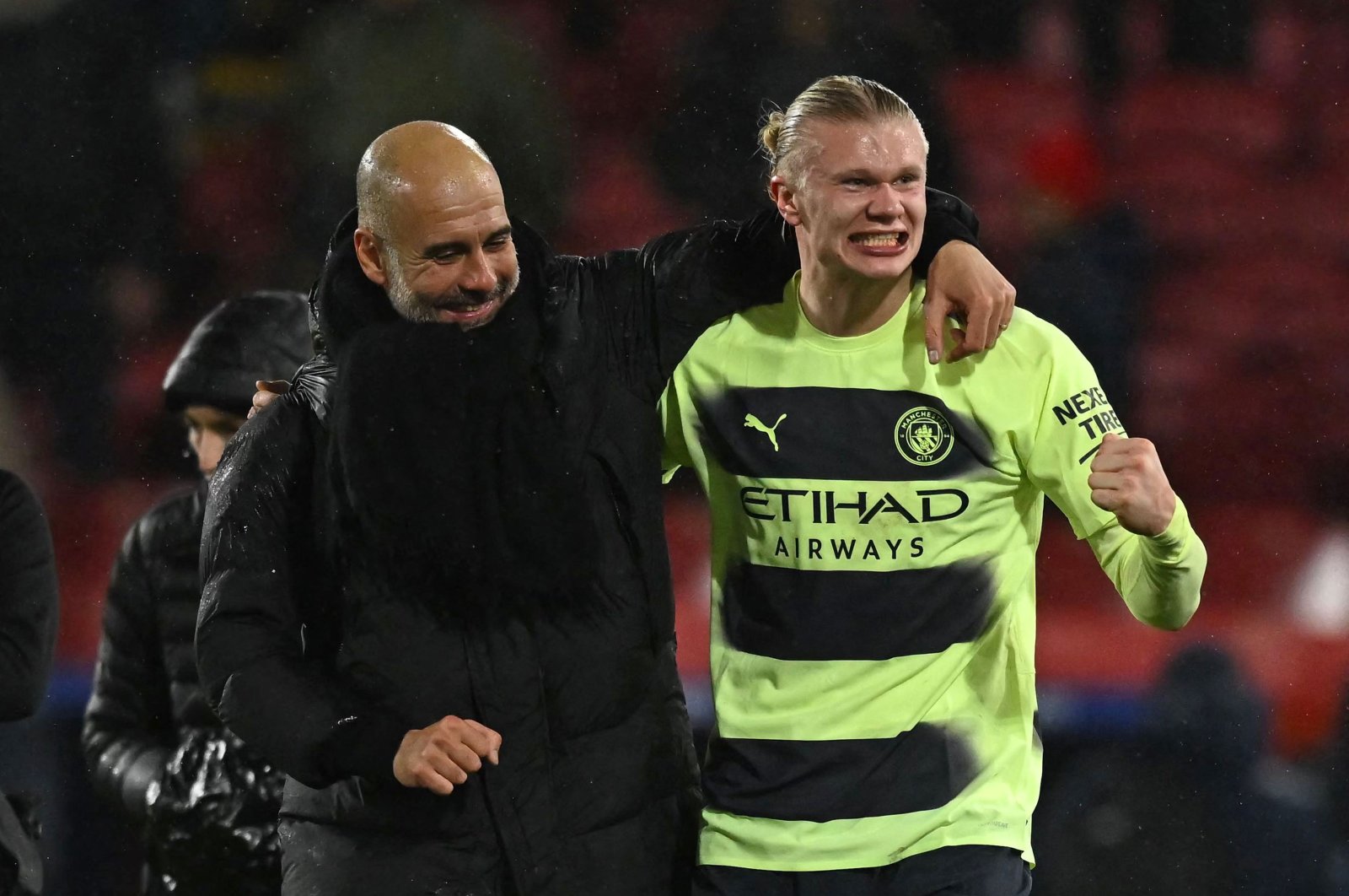 Manchester City&#039;s manager Pep Guardiola (L) celebrates with striker Erling Haaland after the English Premier League football match against Crystal Palace, at Selhurst Park, London, U.K., March 11, 2023. (AFP Photo)