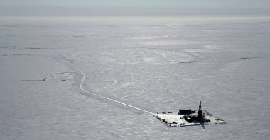 This 2019 aerial photo provided by ConocoPhillips shows an exploratory drilling camp at the proposed site of the Willow oil project on Alaska&#039;s North Slope. (AP Photo)