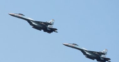 Russian Sukhoi Su-35 jet fighters perform a flight during the Aviadarts competition, as part of the International Army Games 2021, at the Dubrovichi range outside Ryazan, Russia Aug. 27, 2021. (Reuters File Photo)