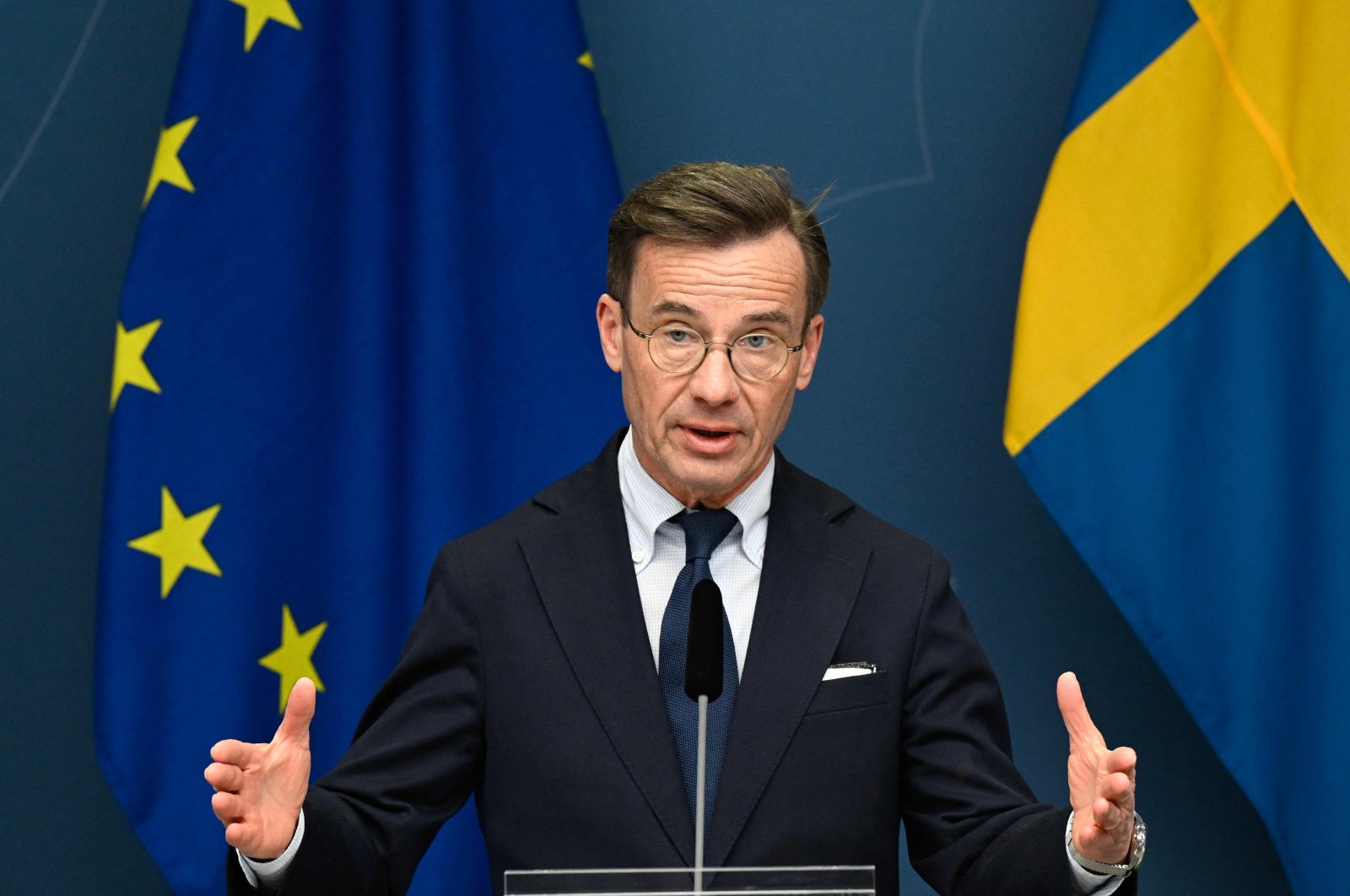 Sweden&#039;s Prime Minister Ulf Kristersson holds a press briefing on the NATO process in Stockholm, Sweden, March 14, 2023. (AFP Photo)