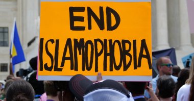 End Islamophobia sign at protest Rally at the United States Supreme Court against a proposed Muslim ban on travel to USA. Recorded June 26, 2018.