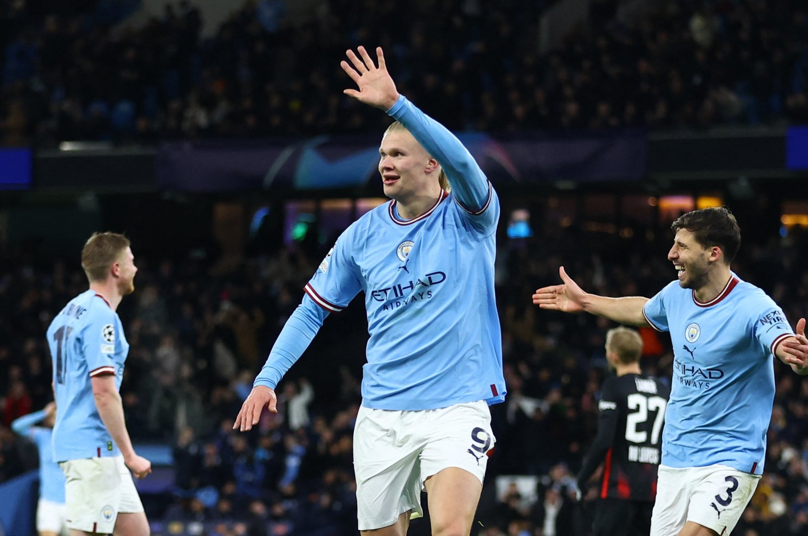 Manchester City&#039;s Erling Braut Haaland celebrates scoring their sixth goal during Champions League Round of 16, 2nd Leg match RB Leipzig at Etihad Stadium, Manchester, UK., March 14, 2023. (Reuters Photo) 