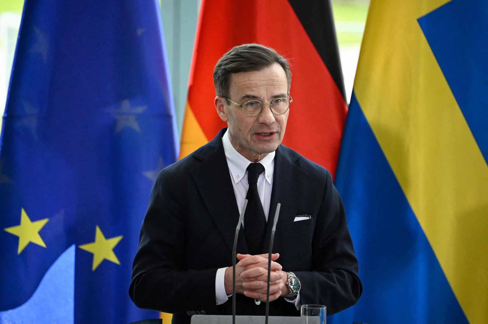 Sweden&#039;s Prime Minister Ulf Kristersson addresses a news conference with the German Chancellor at the Chancellery in Berlin on March 15, 2023. (AFP Photo)