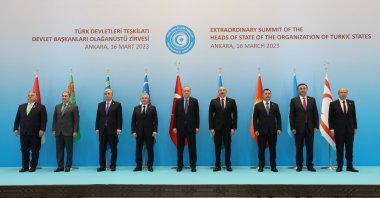 Leaders of the Organization of Turkic States (OTS), from left to right, Hungarian Prime Minister Viktor Orban, Chairperson of the People's Council of Turkmenistan Gurbanguly Berdymukhamedov, Kazakstan’s President Kassym-Jomart Tokayev, Uzbekistan’s President Shavkat Mirziyoyev, President Recep Tayyip Erdoğan, Azerbaijani President Ilham Aliyev, Kyrgyzstan’s President Sadyr Zhaparov, Secretary-General of the OTS Kubanychbek Omuraliev and Turkish Republic of Northern Cyprus (TRNC) President Ersin Tatar pose for a group photo at the OTS’s extraordinary summit in Ankara, Türkiye, March 16, 2023. (AA Photo)