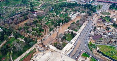 An aerial view of the historical Balıklıgöl after flooding brought on by torrential rains, Şanlıurfa, southeastern Türkiye, March 15, 2023. (AA Photo)
