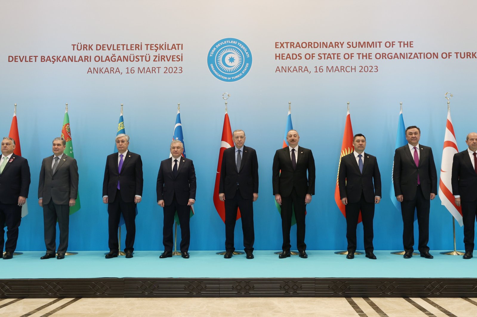 Leaders of the Organization of Turkic States (OTS), from left to right, Hungarian Prime Minister Viktor Orban, Chairperson of the People&#039;s Council of Turkmenistan Gurbanguly Berdymukhamedov, Kazakstan’s President Kassym-Jomart Tokayev, Uzbekistan’s President Shavkat Mirziyoyev, President Recep Tayyip Erdoğan, Azerbaijani President Ilham Aliyev, Kyrgyzstan’s President Sadyr Zhaparov, Secretary-General of the OTS Kubanychbek Omuraliev and Turkish Republic of Northern Cyprus (TRNC) President Ersin Tatar pose for a group photo at the OTS’s extraordinary summit in Ankara, Türkiye, March 16, 2023. (AA Photo)