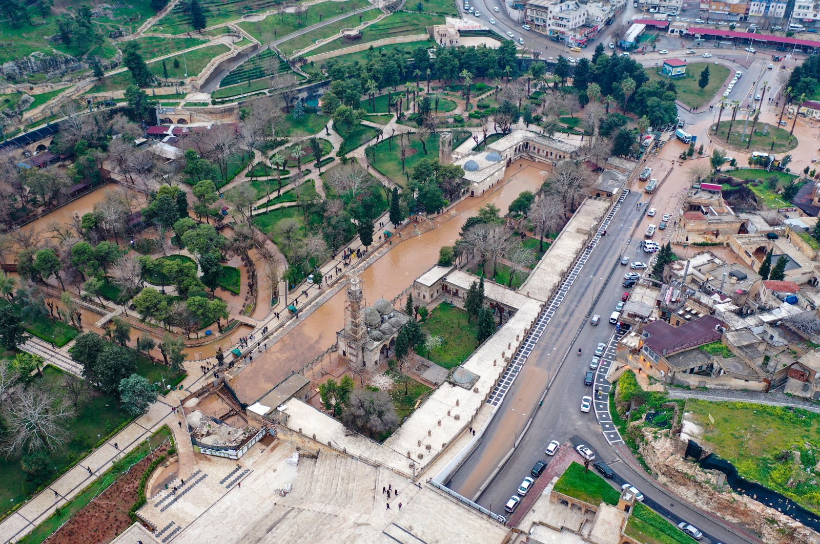 An aerial view of the historical Balıklıgöl after flooding brought on by torrential rains, Şanlıurfa, southeastern Türkiye, March 15, 2023. (AA Photo)