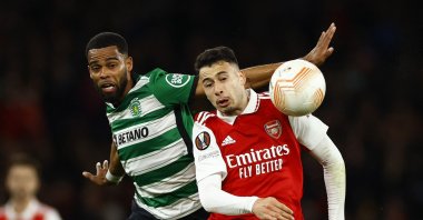 Sporting CP's Jeremiah St. Juste in action with Arsenal's Gabriel Martinelli during Europa League Round of 16 Second Leg match at Emirates Stadium, London, UK., March 16, 2023. (Reuters Photo)
