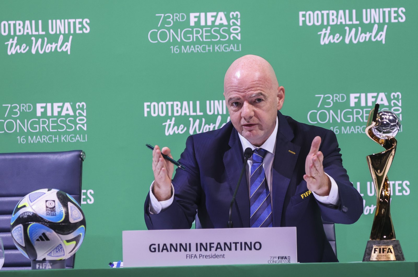  Newly reelected FIFA President Gianni Infantino, speak to the press at the 73rd FIFA Congress, Kigali, Rwanda, March 16, 2023. (AA Photo)