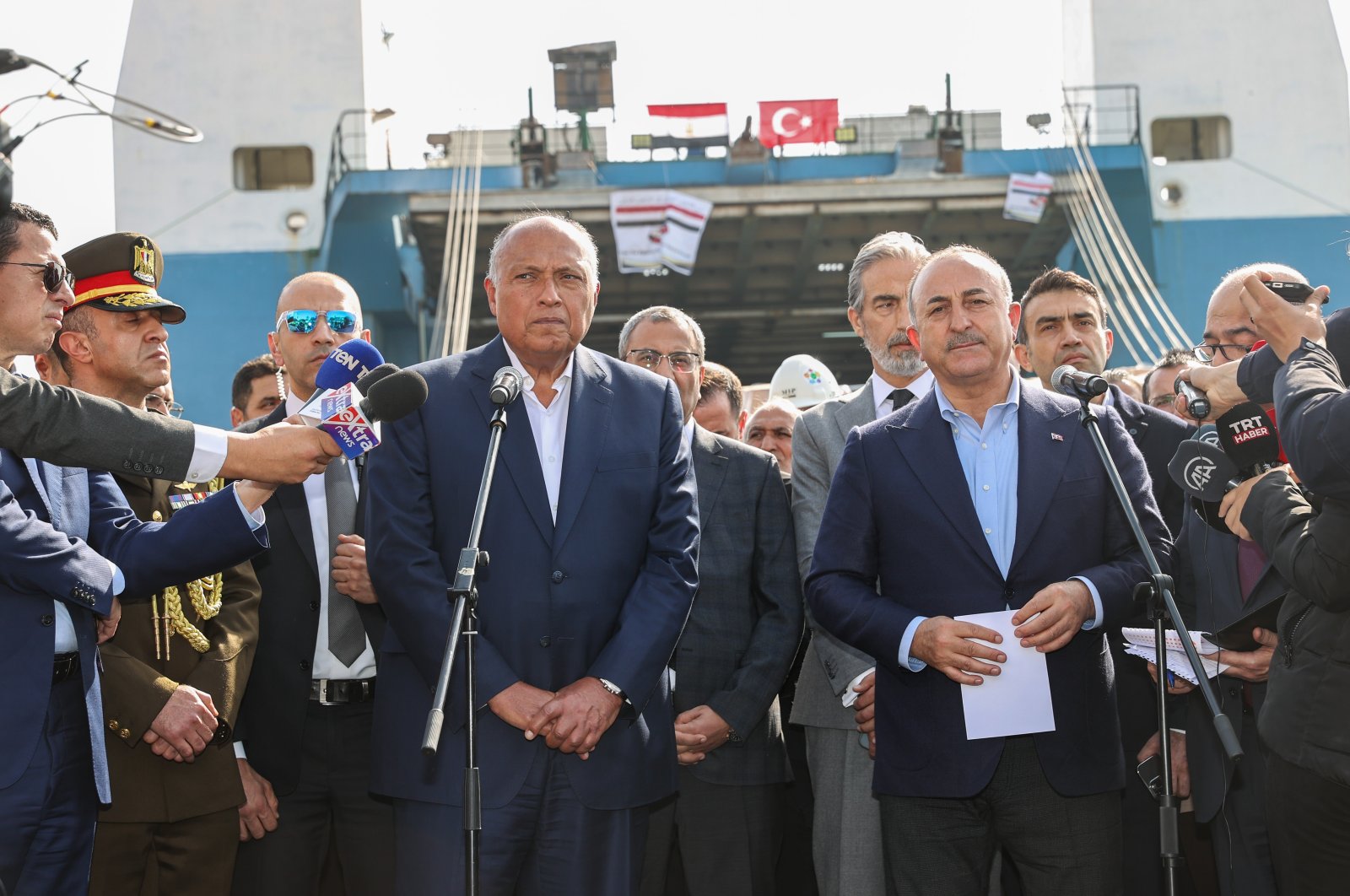 Foreign Minister Mevlüt Çavuşoğlu (R) attends a news conference with Egyptian Foreign Minister Sameh Shoukry (L) in Mersin, southern Türkiye, Feb. 27, 2023. (AA Photo)