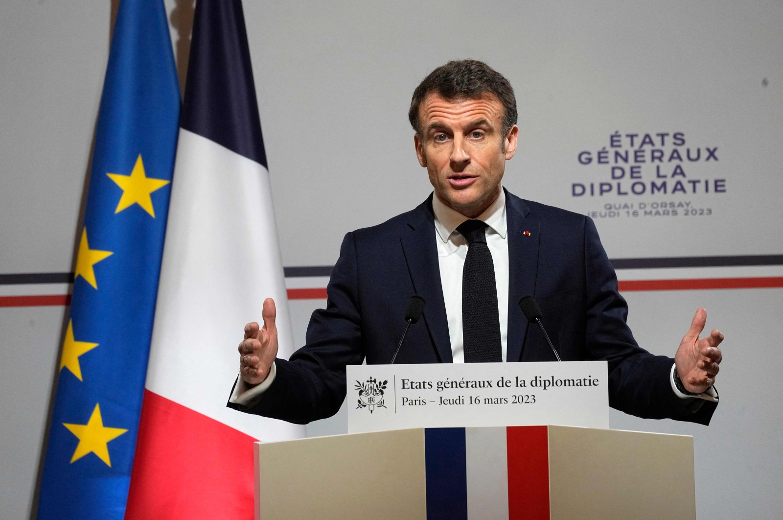 French President Emmanuel Macron delivers his speech during the National Roundtable on Diplomacy at the Foreign Ministry, Paris, France, March 16, 2023. (AFP Photo)