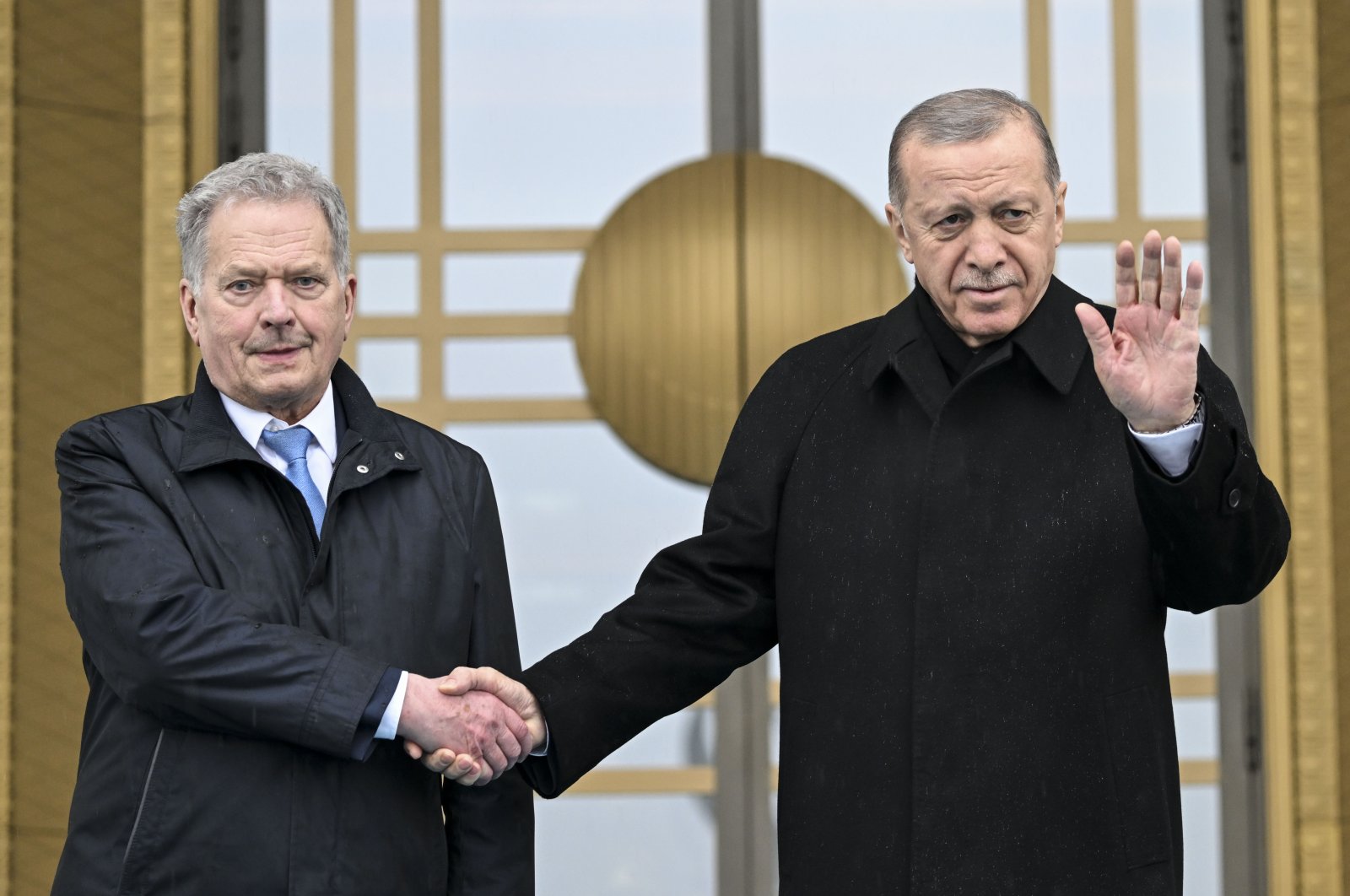 President Recep Tayyip Erdoğan (R) meets President Sauli Niinisto (L) in front of the Presidential Complex, in the capital Ankara, Türkiye, March 17, 2023. (AA Photo)