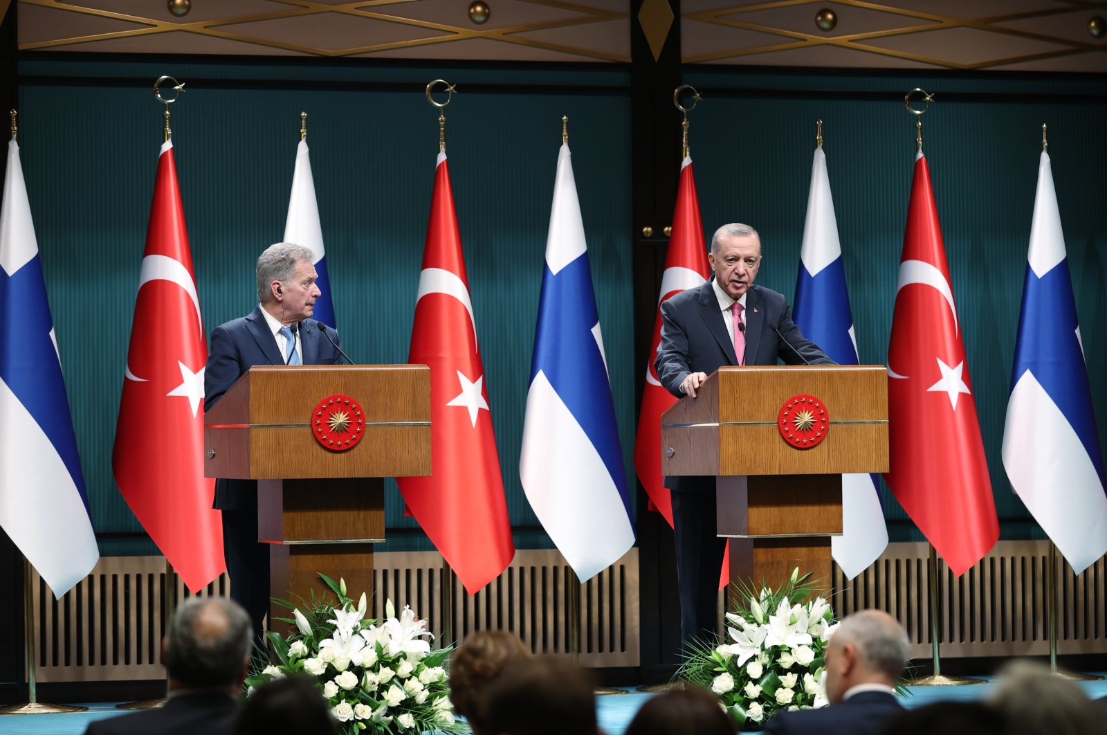 President Recep Tayyip Erdoğan, Finland&#039;s President Sauli Niinistö hold joint news conference at the Presidential Complex following a meeting, Ankara, Türkiye, March 17, 2023. (AA Photo)