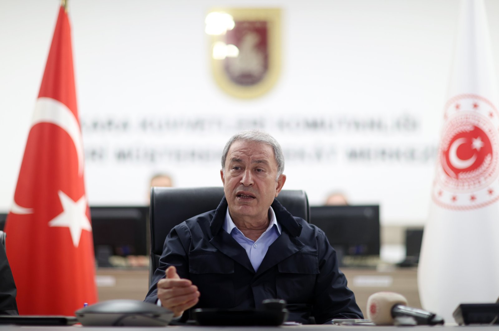 Defense Minister Hulusi Akar speaks at a news conference in Şanlıurfa, Türkiye, March 17, 2023. (AA Photo)