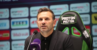 Galatasaray coach Okan Buruk addresses the press after a match against Konyaspor, Konya, Türkiye, March 17, 2023. (IHA Photo)