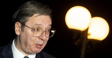 Serbian President Aleksandar Vucic addresses the media after a High-level Meeting of the Belgrade-Pristina Dialogue in Ohrid, Republic of North Macedonia, March 18, 2023. (EPA Photo)