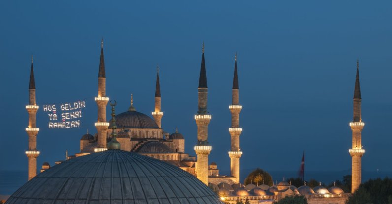 The Blue Mosque at Ramadan time with the inscription of "Welcome to Ramadan," Istanbul, Türkiye, Sept. 28, 2012. (Getty Images Photo)
