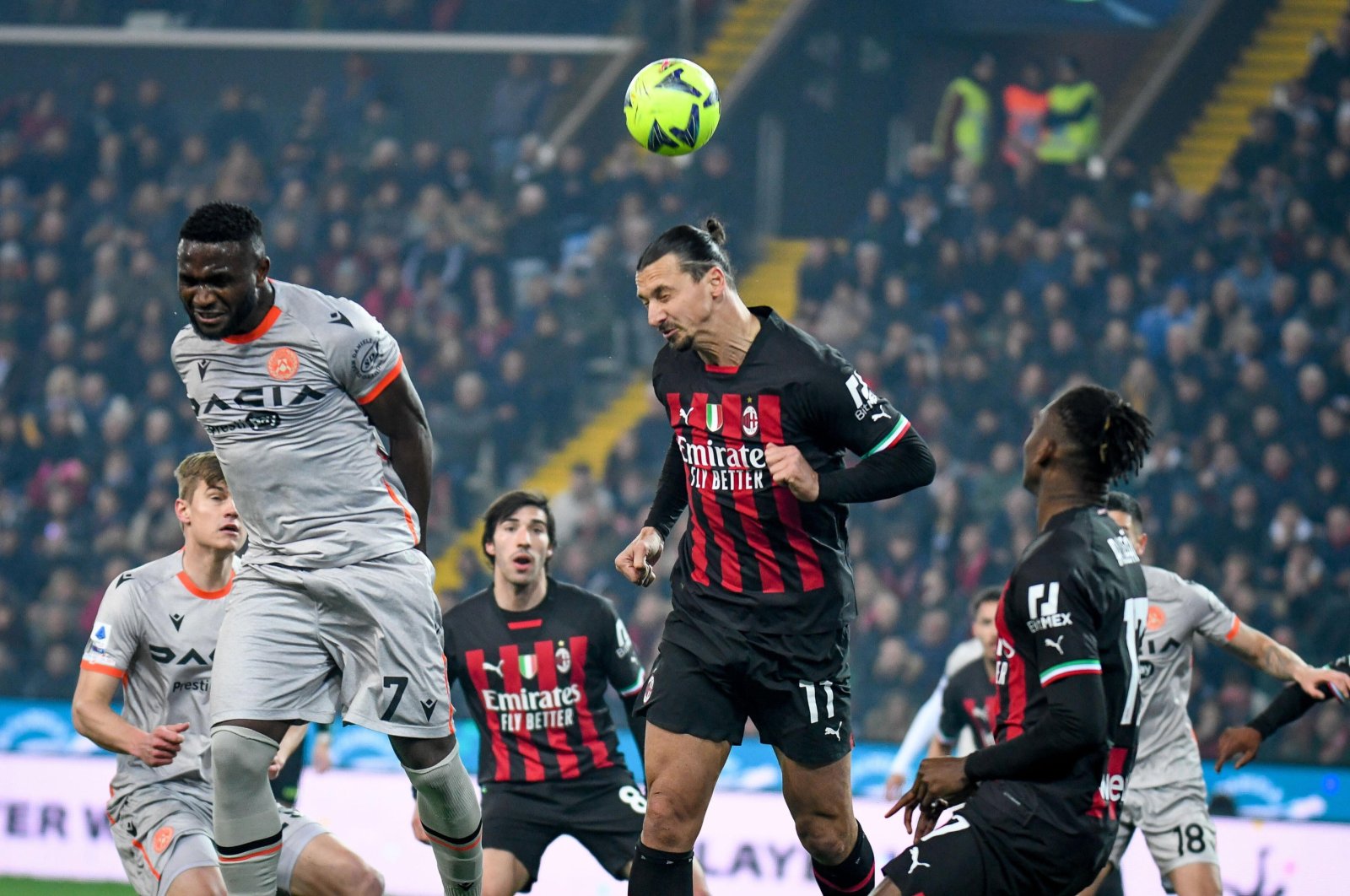 AC Milan&#039;s Zlatan Ibrahimovic heads the ball during the Italy&#039;s Serie A match against Udinese Calcio, Udine, Italy, March 18, 2023. (EPA Photo)