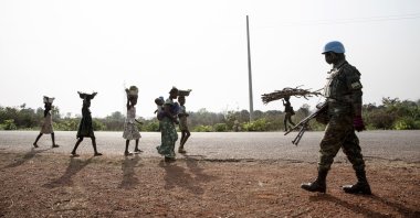 Rwandan MINUSCA peacekeeping forces patrol outside Bangui, Central African Republic, Jan. 23, 2021. (AP Photo)