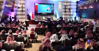 Türkiye&#039;s Trade Minister Mehmet Muş delivers a speech during the Saudi-Turkish Business Forum in Riyadh, Saudi Arabia, March 19, 2023. (Photo courtesy: @mehmedmus)