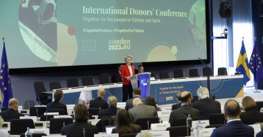 European Commission President Ursula von der Leyen delivers a speech at the conference, in Brussels, Belgium, Mar. 20, 2023. (EPA Photo) 