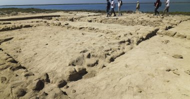 Archaeologists and journalists walk past uncovered ruins on Siniyah Island in Umm al-Quwain, United Arab Emirates, March 20, 2023. (AP Photo)