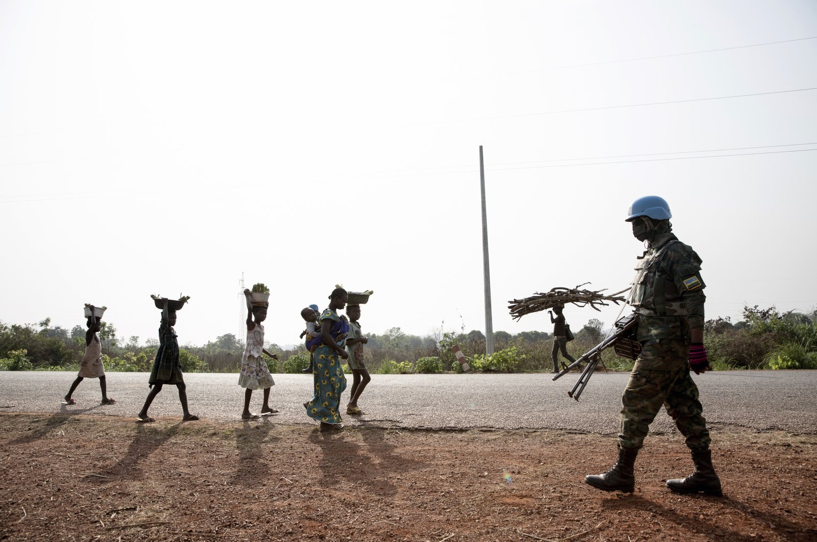 Rwandan MINUSCA peacekeeping forces patrol outside Bangui, Central African Republic, Jan. 23, 2021. (AP Photo)
