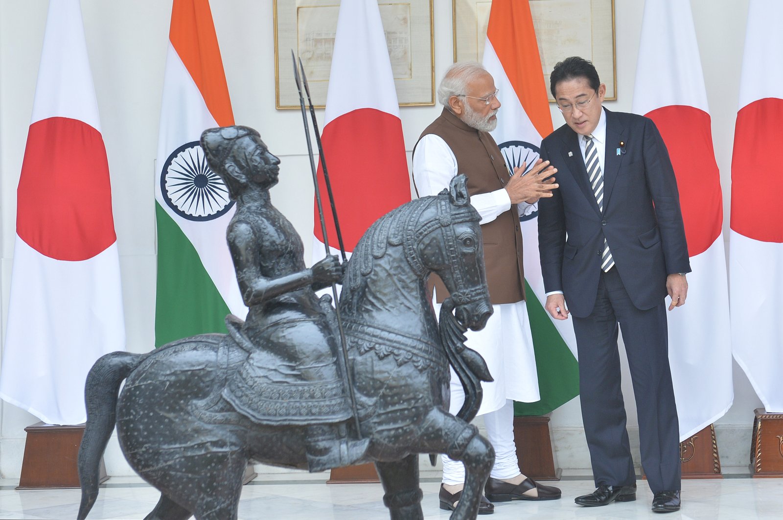 Japanese Prime Minister Fumio Kishida (R) listens to Indian Prime Minister Narendra Modi, New Delhi, India, March 20, 2023. (AA Photo)