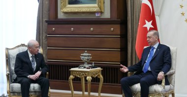 President Recep Tayyip Erdoğan (R) at a meeting with MHP leader Devlet Bahçeli, in the capital Ankara, Türkiye, March 20, 2023. (AA Photo)