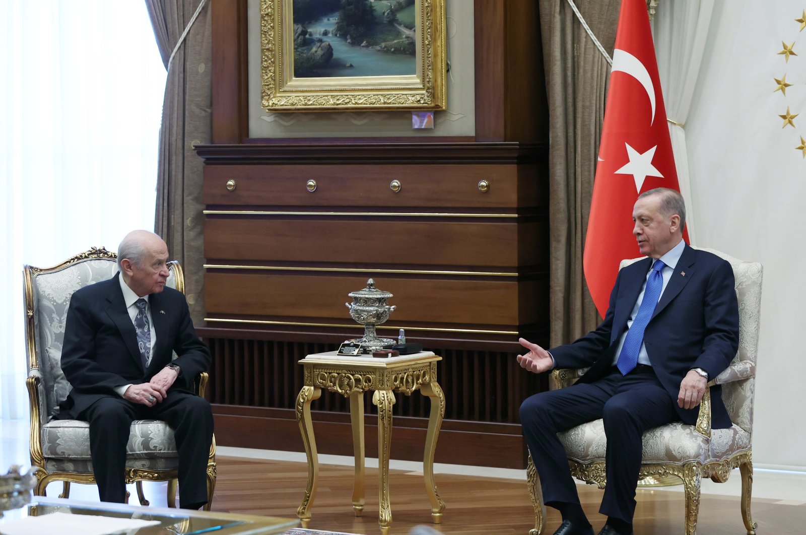 President Recep Tayyip Erdoğan (R) at a meeting with MHP leader Devlet Bahçeli, in the capital Ankara, Türkiye, March 20, 2023. (AA Photo)