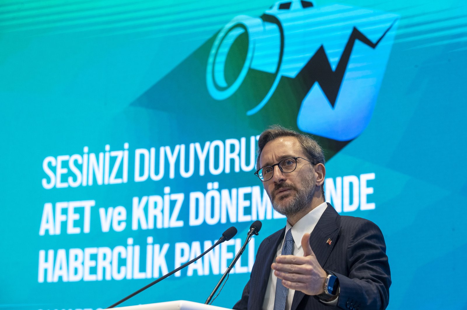 Türkiye&#039;s Communications Director Fahrettin Altun speaks at the &quot;We Hear Your Voice: Journalism Panel in Disaster and Crisis Regions,&quot; in the capital Ankara, Türkiye, March 21, 2023. (AA Photo)