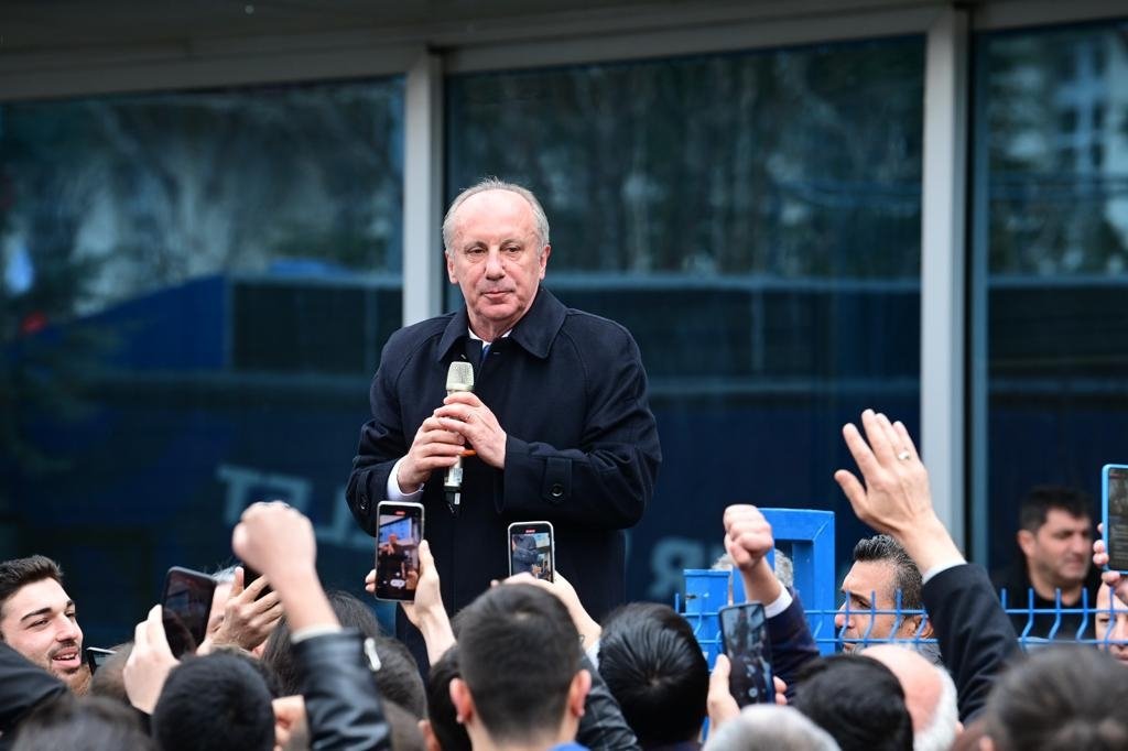 Muharrem Ince speaks to supporters outside his party&#039;s headquarters, in the capital Ankara, Türkiye, Mar. 19, 2023. (DHA Photo)